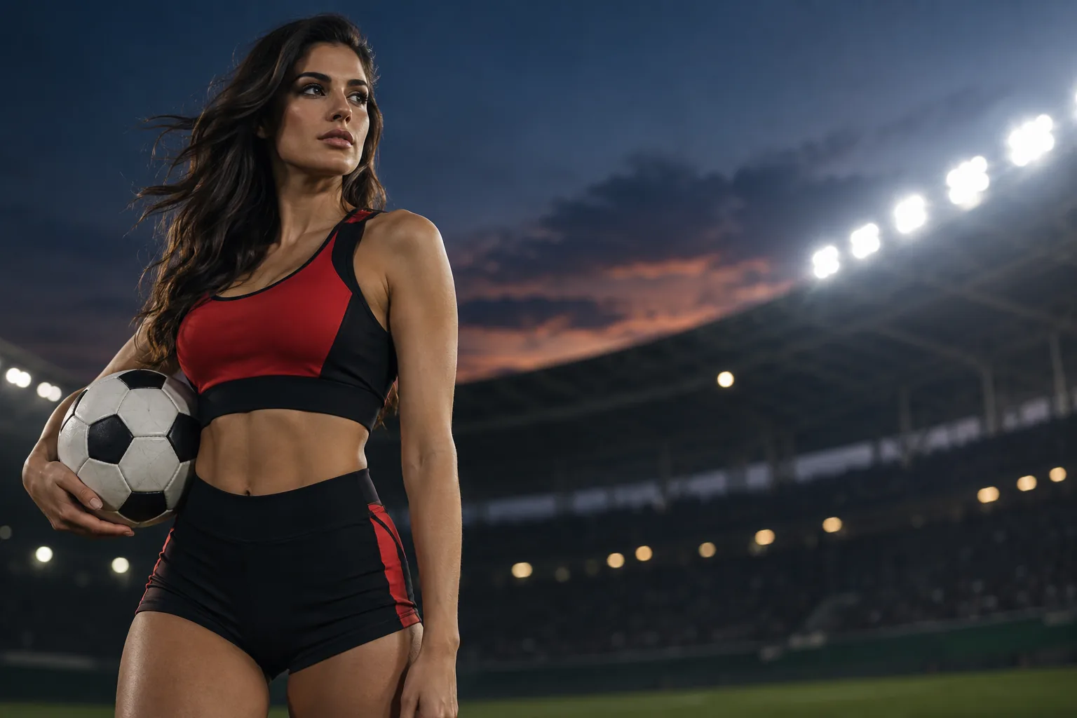 Stadyum ışıkları altında futbol topu tutan kadın Stadyum ışıkları altında futbol topu tutan kadın