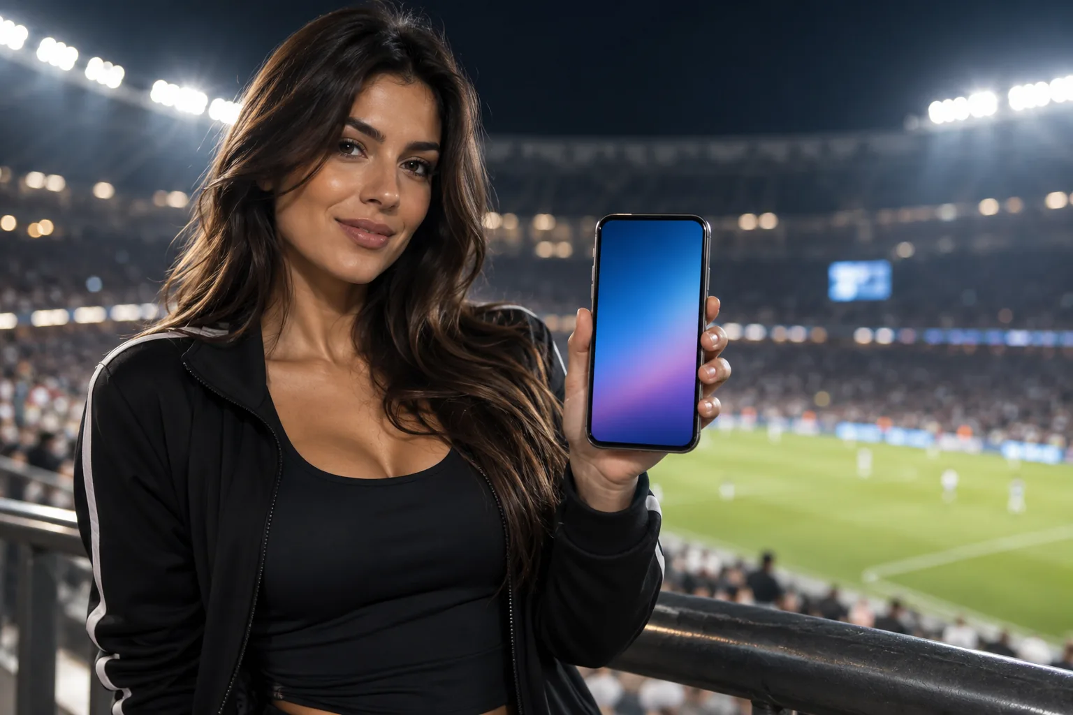 Stadyum önünde telefon tutan kadın Stadyum önünde telefon tutan kadın