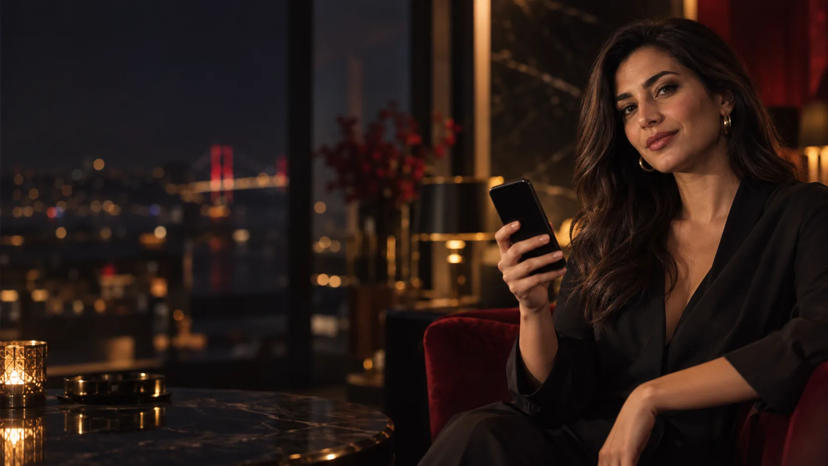 Şehir manzarası önünde telefon tutan kadın