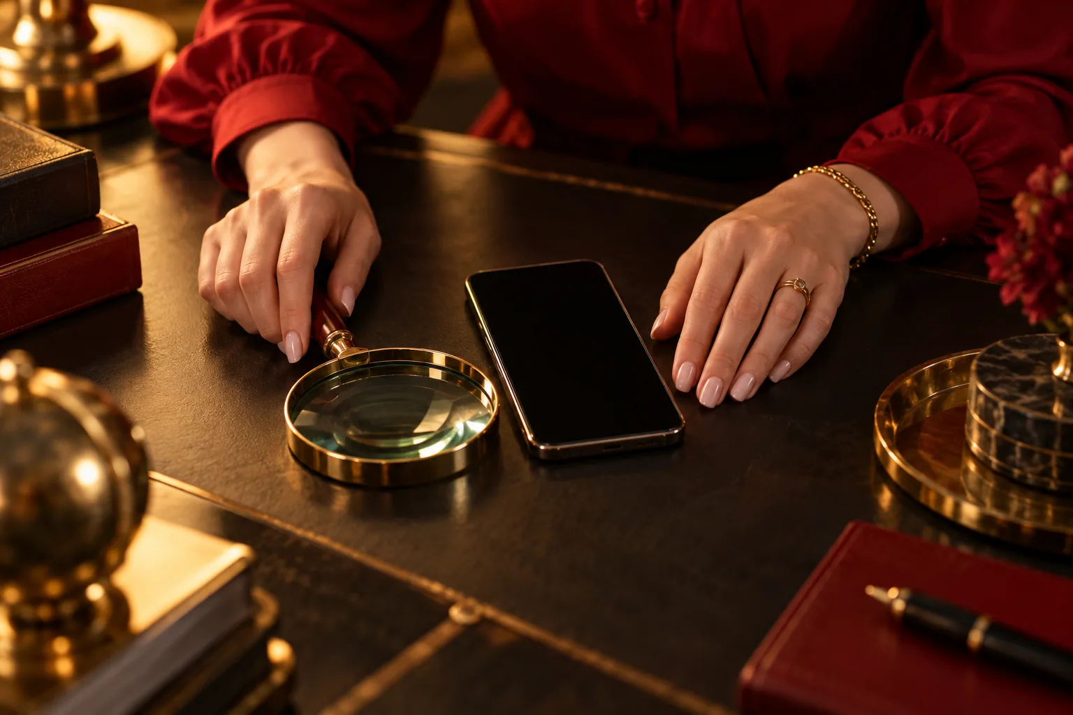  Telefon ve büyüteç bulunan masa üzerinde eller
